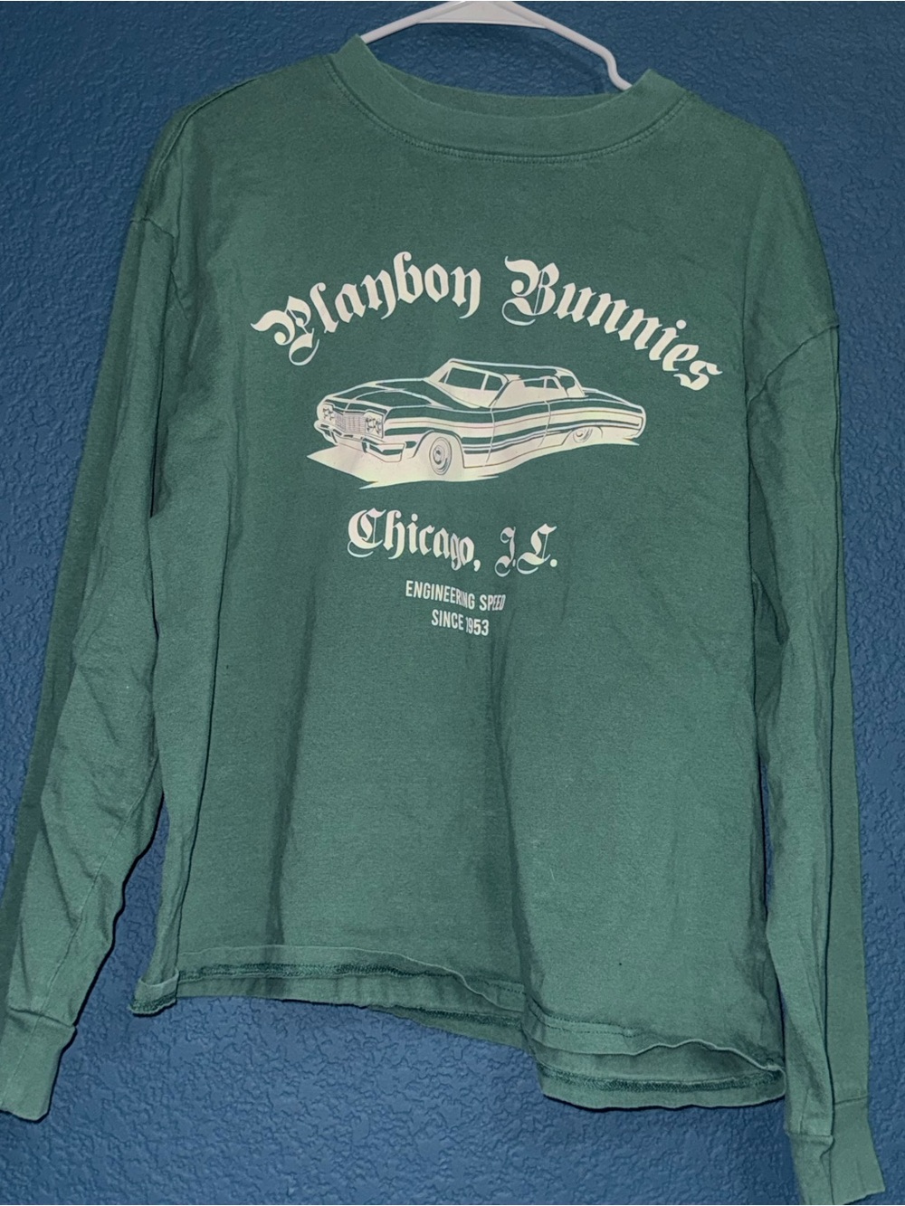 PLAYBOY Green Long Sleeve Graphic Tee with White Car Print